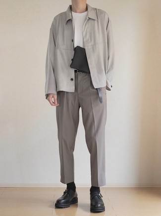 Monks Outfits: This combination of a grey shirt jacket and grey chinos is undoubtedly a statement-maker. If you want to break out of the mold a little, complement this look with a pair of monks.