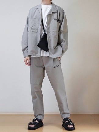 Men's Grey Shirt Jacket, White Crew-neck T-shirt, Grey Chinos, Black Leather Sandals