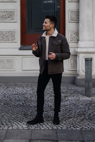 Tobacco Shirt Jacket Outfits For Men: For a casually neat outfit, consider teaming a tobacco shirt jacket with black chinos — these two pieces work perfectly well together. Black suede chelsea boots will polish off any ensemble.