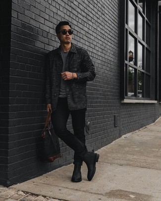Black Suede Chelsea Boots Outfits For Men: A charcoal wool shirt jacket and black chinos worn together are a great match. For extra style points, complete this look with black suede chelsea boots.
