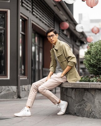 Men's Olive Shirt Jacket, White and Black Horizontal Striped Crew-neck T-shirt, Beige Chinos, White Canvas High Top Sneakers