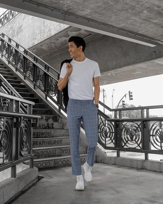 Black Shirt Jacket Outfits For Men: If you're scouting for an off-duty yet seriously stylish ensemble, reach for a black shirt jacket and blue check chinos. Get a little creative on the shoe front and complete this look with a pair of white canvas high top sneakers.