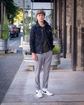 Brown Baseball Cap Outfits For Men: A navy shirt jacket and a brown baseball cap are a great getup to integrate into your daily casual routine. If you're not sure how to round off, complete your getup with a pair of white and black leather high top sneakers.