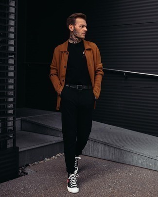 Black Chinos Casual Outfits: A semi-casual combo of a tobacco fleece shirt jacket and black chinos can maintain its relevance in many different circumstances. For something more on the daring side to complement this ensemble, add a pair of black print canvas high top sneakers to the mix.
