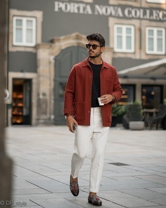Grey Suede Loafers Outfits For Men: Go for classic style in a red shirt jacket and white chinos. To give your overall look a more polished finish, why not opt for grey suede loafers?