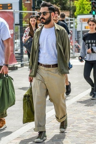Olive Canvas High Top Sneakers Outfits For Men: Marry an olive shirt jacket with khaki chinos for effortless sophistication with a rugged twist. Complete your look with a pair of olive canvas high top sneakers to keep the look fresh.