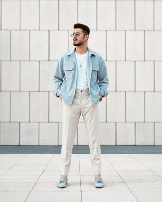 Aquamarine Suede Loafers Outfits For Men: This combination of a light blue shirt jacket and grey chinos is extra dapper and provides a clean and chic look. Feel uninspired with this look? Introduce aquamarine suede loafers to spice things up.