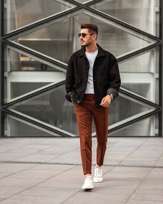 Black Shirt Jacket Outfits For Men: A black shirt jacket and brown chinos are an easy way to introduce a hint of manly elegance into your daily casual collection. Rev up your whole outfit by rocking a pair of white canvas low top sneakers.