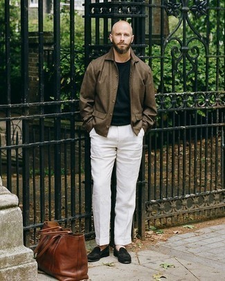 Black Crew-neck T-shirt Outfits For Men: If you like laid-back combos, then you'll love this pairing of a black crew-neck t-shirt and white chinos. For a classier twist, why not introduce a pair of black suede loafers to the equation?