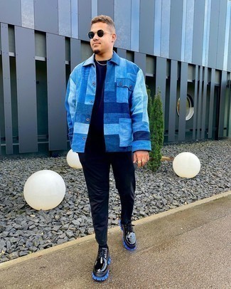 Black Chunky Leather Derby Shoes Outfits: Marrying a blue patchwork denim shirt jacket with navy chinos is a good idea for a laid-back and cool ensemble. Black chunky leather derby shoes will bring an extra dose of class to an otherwise everyday ensemble.