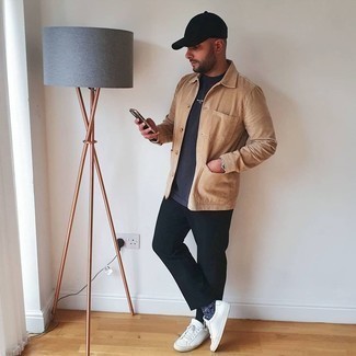 Tan Corduroy Shirt Jacket Outfits For Men: A tan corduroy shirt jacket and black chinos teamed together are a nice match. Balance this outfit with a more casual kind of footwear, such as these white leather low top sneakers.