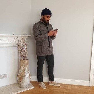 Charcoal Shirt Jacket Outfits For Men: A charcoal shirt jacket and black chinos are the ideal way to introduce extra sophistication into your current fashion mix. Feeling adventerous today? Spice up this ensemble by rocking tan suede low top sneakers.