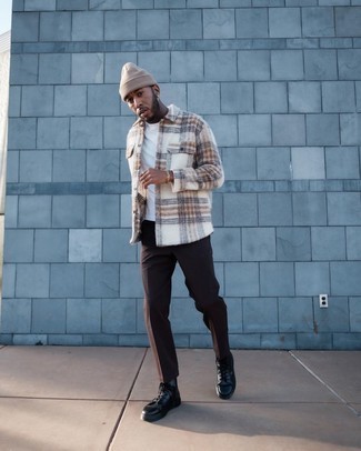 Beige Beanie Outfits For Men: A put together off-duty pairing of a white plaid shirt jacket and a beige beanie will set you apart effortlessly. Make a bit more effort with shoes and complete this ensemble with black leather casual boots.