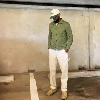 Mint Baseball Cap Outfits For Men: To put together a laid-back outfit with a city style finish, you can rock an olive shirt jacket and a mint baseball cap. To introduce a little classiness to your look, add beige suede desert boots to the equation.
