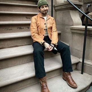 Olive Beanie Outfits For Men: A tan leather shirt jacket and an olive beanie are essential in any modern man's well-coordinated casual closet. Exhibit your polished side by finishing off with brown leather chelsea boots.