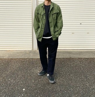 Olive Shirt Jacket Outfits For Men: For a casually elegant outfit, wear an olive shirt jacket and navy chinos — these items work nicely together. On the shoe front, go for something on the casual end of the spectrum and round off your outfit with a pair of black canvas low top sneakers.