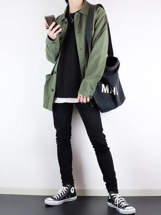 Black and White Print Canvas Tote Bag Outfits For Men: Opt for an olive shirt jacket and a black and white print canvas tote bag for a neat and stylish getup. Black and white canvas high top sneakers are the ideal accompaniment for your getup.
