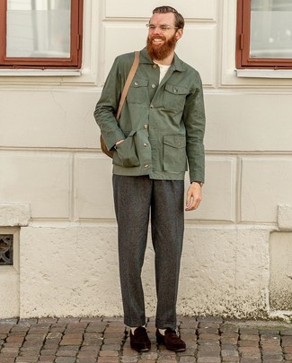 Olive Canvas Backpack Outfits For Men: This outfit with a dark green shirt jacket and an olive canvas backpack isn't so hard to pull off and is open to more creative experimentation. You can get a bit experimental when it comes to footwear and introduce a pair of dark brown suede loafers to the mix.