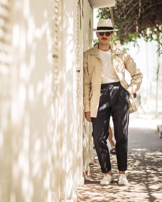 White Wool Hat Outfits For Men: A beige shirt jacket and a white wool hat are a savvy getup worth having in your casual styling collection. White canvas low top sneakers are a simple way to transform this getup.