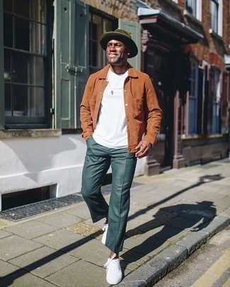 Brown Suede Shirt Jacket Outfits For Men: Try teaming a brown suede shirt jacket with dark green dress pants if you're going for a proper, fashionable outfit. A pair of white canvas low top sneakers instantly steps up the wow factor of your getup.