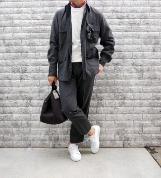 Dark Brown Suede Tote Bag Outfits For Men: The combination of a charcoal shirt jacket and a dark brown suede tote bag makes for a kick-ass off-duty outfit. Got bored with this look? Invite a pair of white canvas low top sneakers to mix things up a bit.
