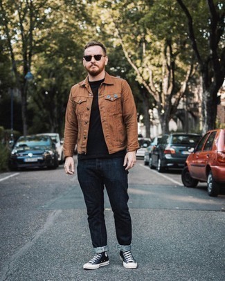 Tobacco Shirt Jacket Outfits For Men: Putting together a tobacco shirt jacket with navy jeans is an amazing idea for a casually stylish ensemble. Want to go easy when it comes to footwear? Complete this look with navy and white canvas high top sneakers for the day.
