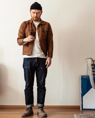Brown Shirt Jacket Outfits For Men: If you need to feel confident in your look, go for a brown shirt jacket and navy jeans. Hesitant about how to finish off this ensemble? Rock a pair of brown suede derby shoes to lift it up.