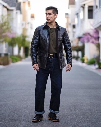 Black Leather Shirt Jacket Outfits For Men: Putting together a black leather shirt jacket with navy jeans is a great option for a relaxed yet on-trend ensemble. If you don't know how to round off, a pair of black leather casual boots is a fail-safe option.