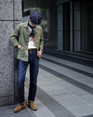 Scarf Outfits For Men: An olive shirt jacket and a scarf make for the ultimate casual style for today's guy. For something more on the classy end to finish off your outfit, complement your look with a pair of brown suede chelsea boots.