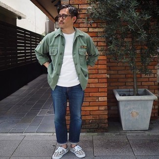 Olive Shirt Jacket Outfits For Men: For a cool and casual ensemble, marry an olive shirt jacket with navy jeans — these two pieces go beautifully together. For a more casual aesthetic, why not complete your outfit with black and white check canvas low top sneakers?
