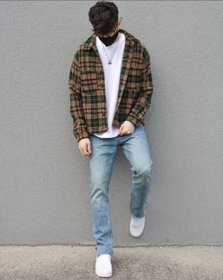 Sunglasses Outfits For Men: Busy off-duty days call for a straightforward yet casually cool ensemble, such as a brown plaid flannel shirt jacket and sunglasses. A pair of white leather low top sneakers will bring a classic aesthetic to the outfit.