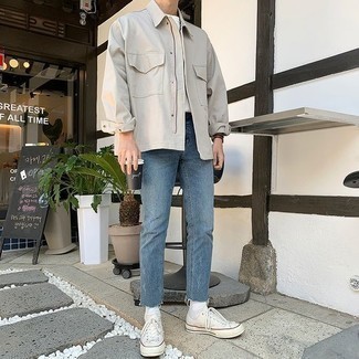 Men's Beige Shirt Jacket, White Crew-neck T-shirt, Blue Ripped Jeans, White Canvas Low Top Sneakers