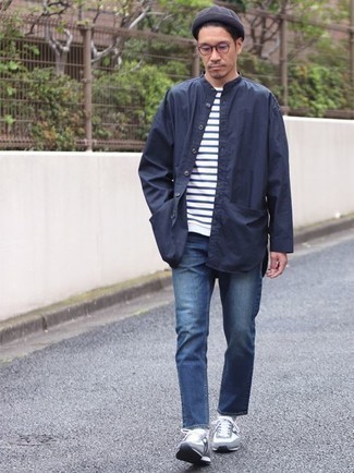 Men's Navy Shirt Jacket, White and Navy Horizontal Striped Crew-neck T-shirt, Navy Jeans, Grey Athletic Shoes