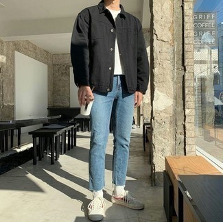 Black Shirt Jacket Outfits For Men: For an outfit that's super easy but can be worn in a ton of different ways, rock a black shirt jacket with light blue ripped jeans. Complete your outfit with white and red canvas low top sneakers and the whole ensemble will come together really well.