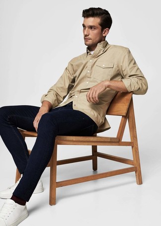 Men's Tan Shirt Jacket, White Crew-neck T-shirt, Navy Jeans, White Leather Low Top Sneakers