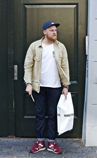 Men's Beige Shirt Jacket, White Print Crew-neck T-shirt, Navy Jeans, Red and White Athletic Shoes