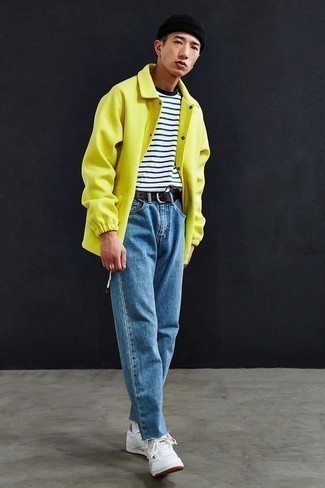 Mustard Shirt Jacket Outfits For Men: Team a mustard shirt jacket with blue jeans to create an everyday look that's full of charisma and character. To give this look a more casual feel, complement this outfit with a pair of white leather low top sneakers.
