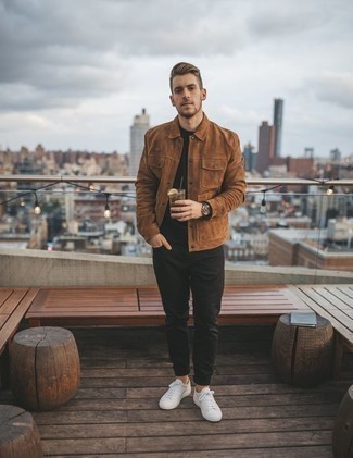 Brown Suede Shirt Jacket Outfits For Men: Opt for a brown suede shirt jacket and black jeans to demonstrate your styling smarts. Feeling creative? Change things up a bit by slipping into a pair of white leather low top sneakers.
