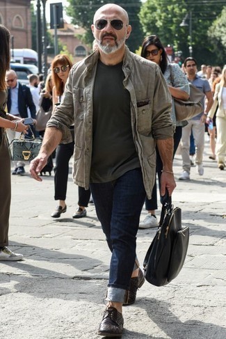 Charcoal Shirt Jacket Outfits For Men: A charcoal shirt jacket and navy jeans are the kind of a winning off-duty outfit that you so terribly need when you have no time to spare. Up the cool of your outfit by finishing with a pair of dark brown woven leather derby shoes.