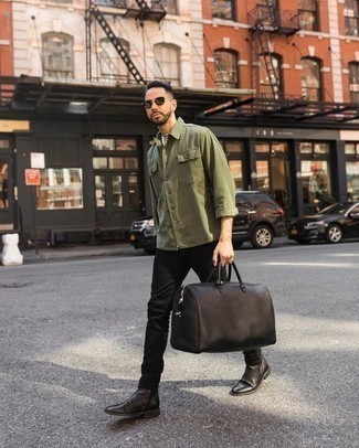 Brown Leather Holdall Outfits For Men: For the style that's as chill as it can get, wear an olive shirt jacket with a brown leather holdall. Feeling experimental? Shake things up by slipping into dark brown leather chelsea boots.