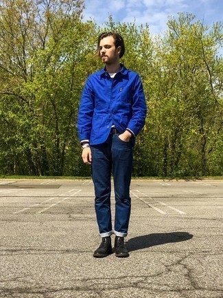 Blue Shirt Jacket Outfits For Men: Perfect casual look by wearing a blue shirt jacket and navy jeans. Add a pair of black leather casual boots to the equation and the whole getup will come together quite nicely.