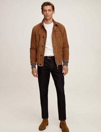 Dark Brown Suede Belt Outfits For Men: The combo of a brown suede shirt jacket and a dark brown suede belt makes this a solid casual ensemble. For a more sophisticated take, why not introduce brown suede chelsea boots to this outfit?