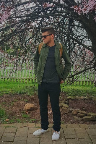 Men's Dark Green Shirt Jacket, Charcoal Crew-neck T-shirt, Black Jeans, White Canvas Low Top Sneakers