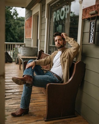 Brown Leather Cowboy Boots Outfits For Men: Reach for a tan corduroy shirt jacket and blue jeans for a laid-back and stylish ensemble. Send this look a more relaxed path by finishing with brown leather cowboy boots.