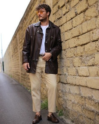 Tobacco Leather Shirt Jacket Outfits For Men: Such items as a tobacco leather shirt jacket and beige jeans are an easy way to inject effortless cool into your day-to-day casual arsenal. Dial up this look with dark brown leather loafers.