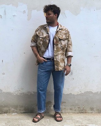Olive Suede Sandals Outfits For Men: This casual combination of a tan camouflage shirt jacket and blue jeans is perfect if you need to feel confident in your getup. To give this getup a more relaxed spin, why not complement this getup with olive suede sandals?