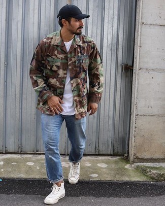 Men's Brown Camouflage Shirt Jacket, White Crew-neck T-shirt, Light Blue Ripped Jeans, White Canvas High Top Sneakers