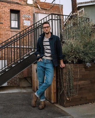 Tobacco Leather Casual Boots Casual Outfits For Men: A navy shirt jacket and blue jeans married together are a match made in heaven. Look at how great this outfit pairs with a pair of tobacco leather casual boots.
