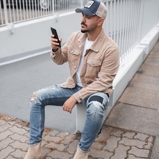 Blue Print Baseball Cap Outfits For Men: A beige corduroy shirt jacket and a blue print baseball cap are a nice combination to have in your daily off-duty arsenal. Give a classier twist to this outfit by rocking beige suede chelsea boots.