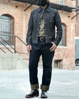 Men's Charcoal Shirt Jacket, Olive Crew-neck T-shirt, Navy Jeans, Dark Brown Leather Chelsea Boots